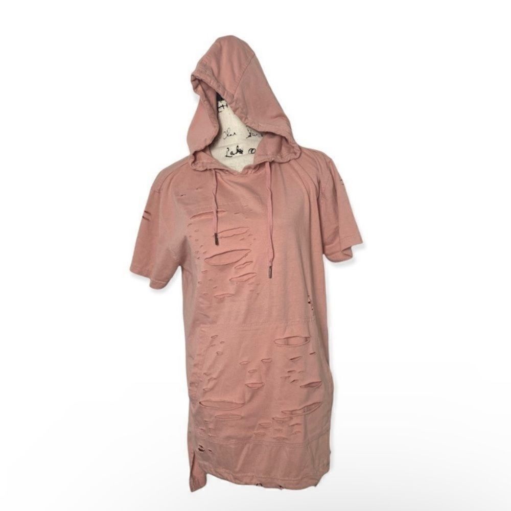 Screenshot Pink Distressed Hoodie Sweatshirt Size L Short Sleeve Pullover